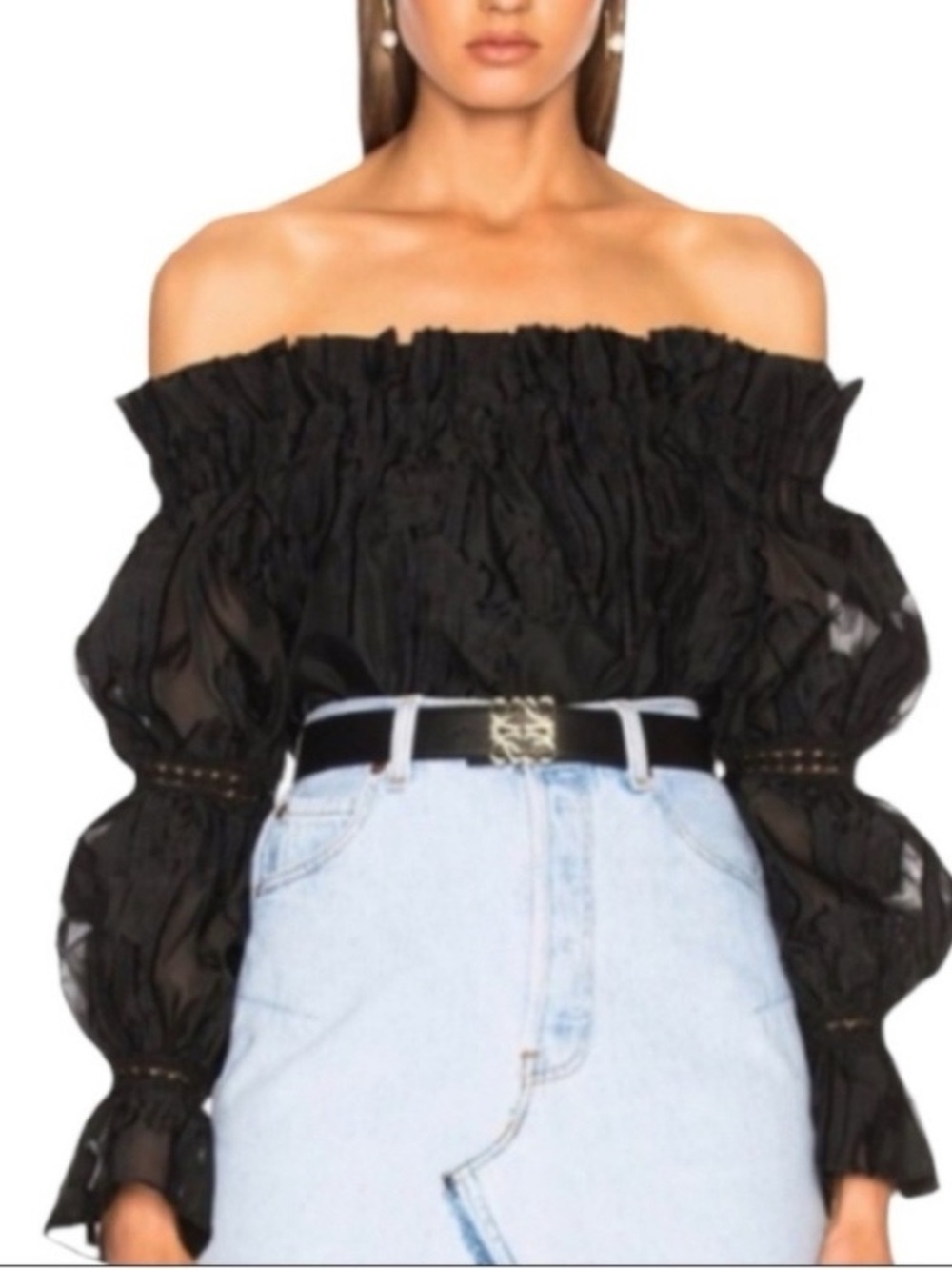 Alexis Black Off-Shoulder Floral-Texture Blouse, BNWT, M, all season top !